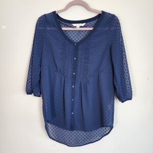 Lauren Conrad Blue Lace Sheer V- Neck Quarter Sleeve Women's Shirt Size XS